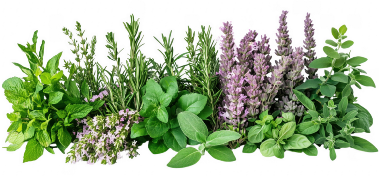 Fresh and aromatic herbs collection of rosemary mint lavender sage and oregano on transparent background