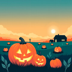 Pumpkin patch at sunset with carved jack-o'-lanterns for Halloween  