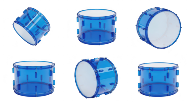 Transparent blue drum set displayed in various orientations on a white background showcasing musical instrument variations for stock imagery