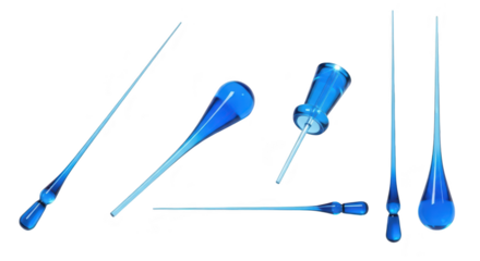 Blue glass pointer instruments scattered on a white surface showcasing transparency for design and scientific usage