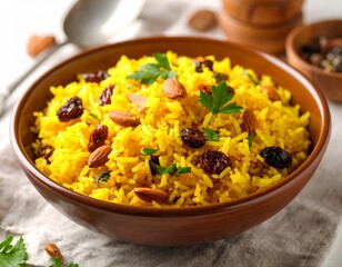 Oriental turmeric rice with raisins and almonds in rustic clay bowl
