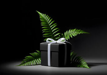 A black and white gift box mockup with a vibrant green fern, studio setting, high-key lighting, minimalist composition.