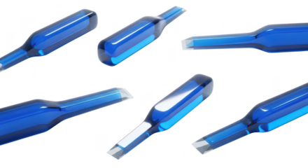 Array of stylized blue chisels arranged on a white surface showcasing a minimalist design suitable for illustrating carpentry woodworking and DIY concepts