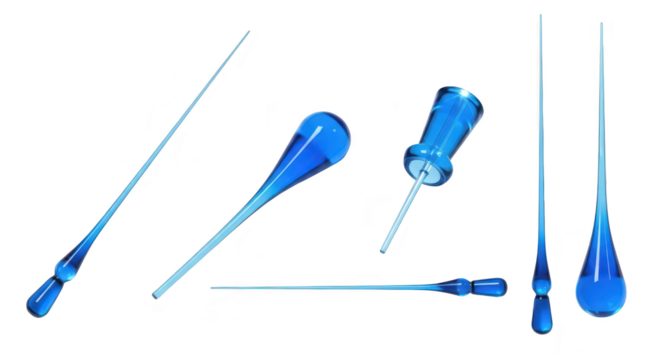 Blue glass pointer instruments scattered on a white surface showcasing transparency for design and scientific usage