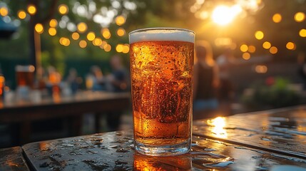 Iced beer, outdoor patio, sunset gathering, celebratory drink