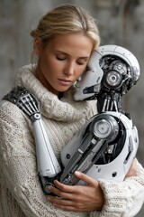 Vertical view of woman embracing futuristic robot with affectionate gesture in cozy knit sweater