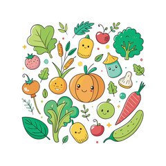 A Delightful Collection of Adorable Cartoon Vegetables and Fruits Bursting with Freshness and Vibrant Colors