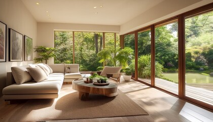 Fototapeta premium a beautifully designed living room with large windows overlooking a lush garden creating a serene and peaceful atmosphere for relaxation and inspiration