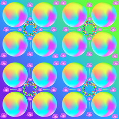 A futuristic abstract pattern of glowing holographic spheres and neon floral shapes on a vibrant gradient background.