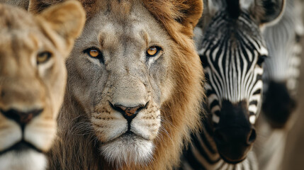 Close-up of lion and zebras in the wild savanna: majestic wildlife scene