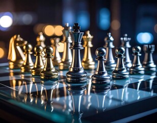 Strategic chess game with gold and silver pieces on a reflective board, symbolizing business competition and leadership.