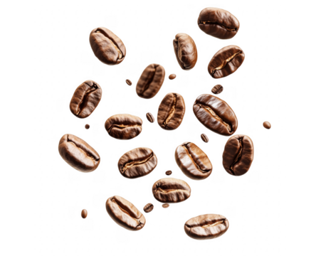 Floating roasted coffee beans against a dark transparent background depicting freshness and aromatic flavor
