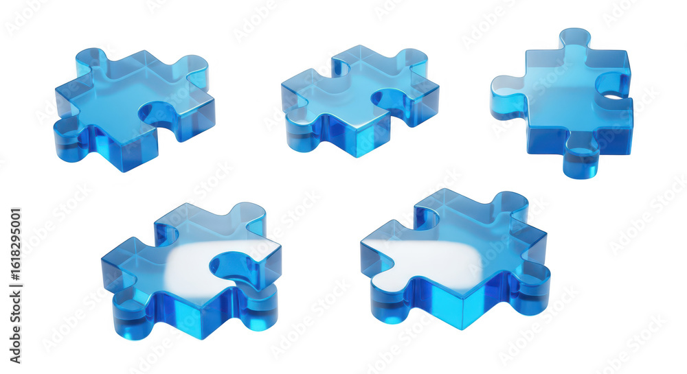 Aufkleber scattered 3d translucent blue jigsaw puzzle pieces on a white surface suggesting problem-solving or 