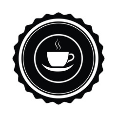 Vector art of black and coffee cup with steam inside a circular badge