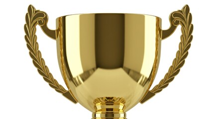 Gleaming gold trophy cup with decorative laurel wreath handles isolated on pure white background