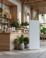 A cozy cafe interior featuring wooden decor, lush plants, and a minimalist counter, inviting relaxation and conversation.