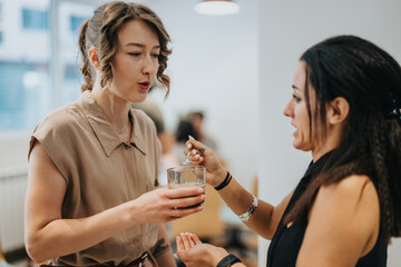 Two women engaged in a friendly conversation in a modern office environment. One is offering a glass to the other, showcasing a cooperative and social atmosphere among colleagues.