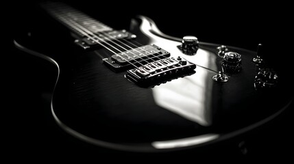 A close-up of a sleek black electric guitar, showcasing its detailed features and reflective surfaces.