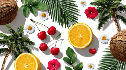 Tropical fruits and flowers with palms: oranges, coconuts, cherries, and hibiscus