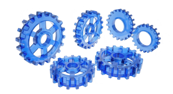 Transparent blue gears scattered on white surface casting shadows Illustrative of mechanical concept or abstract technology potentially for design or industry - Powered by Adobe