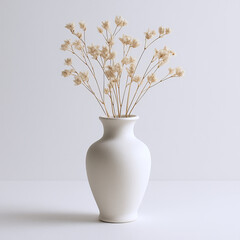 Elegant Minimalist White Vase with Dried Flowers on White Background