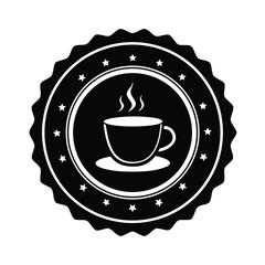 Vector art of black and coffee cup with steam inside a circular badge