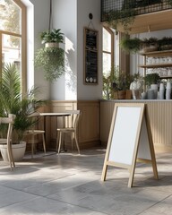 Obraz premium A cozy cafe interior with wooden furniture, plants, and a blank menu board in a welcoming atmosphere.