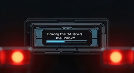 High-tech security system isolating affected servers. Futuristic digital interface showing progress bar and red alert lights.