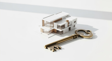 Modern House Model with Vintage Key Symbolizing Home Ownership