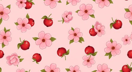 Elegant pink floral and red berry seamless pattern design for backgrounds and surfaces, fresh and