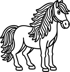 Obraz premium Standing horse with flowing mane and tail simple outlined animal, black and white kids coloring illustration