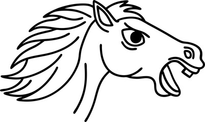 Wild horse head illustration with fierce expression black line sketch, untamed mane, animal symbol of strength