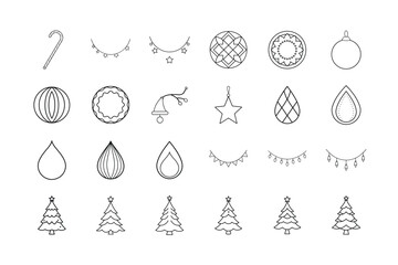 Christmas Tree Decor Icon Set. Christmas ornaments, tree decorations, candy cane, baubles, stars, garlands, snowflakes, and more. Editable stroke. Vector illustration.
