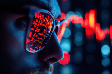 Close-up of glasses reflecting stock market data and red graphs in low light setting
