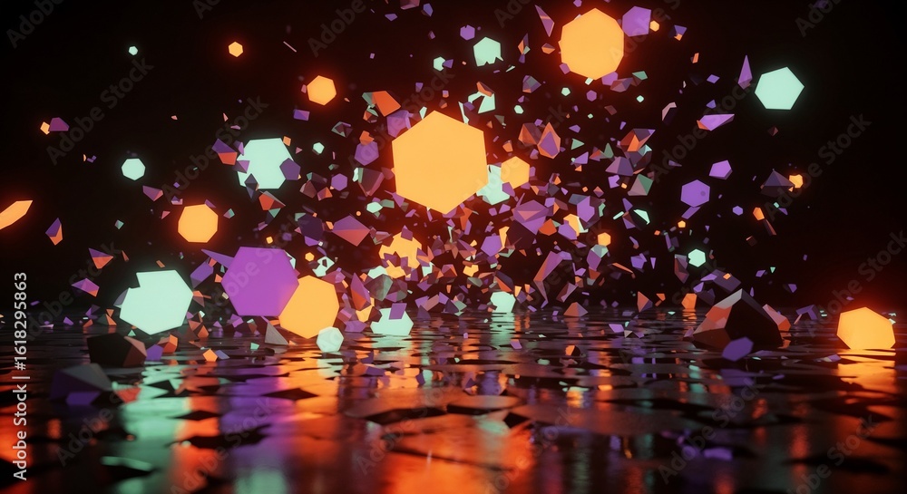Poster abstract rendering featuring floating colorful geometric shapes and reflective surface below them