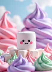 Cute marshmallow character surrounded by pastel swirls
