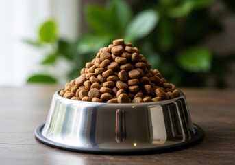 A full bowl of dry dog food piled high