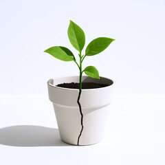 Young Plant Growing in Cracked White Pot on White Background