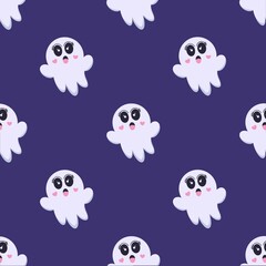 Seamless Halloween pattern with cute cartoon ghosts on a dark purple background. Perfect for wallpapers, wrapping paper, textiles, and festive decorations