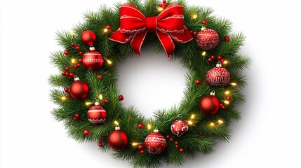 Festive Christmas wreath, red and green, decorated, white background