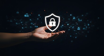 Data Security and Protection Concept: Hand Holding a Shield with Padlock, Representing Cybersecurity and Privacy
