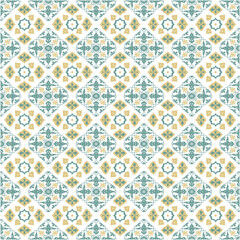 Ethnic Tribal Lattice Pattern Repeating Geometric Motifs in Teal and Yellow-Gold on a White Background textile prints and ethnic-inspired designs
