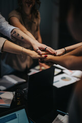 A group of people in an office environment unite hands above a desk, symbolizing teamwork and...