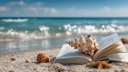 Relaxing beach escape with open book and seashells for ultimate vacation inspiration