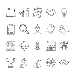 Action Plan Icon Set. Calendar, growth, checklist, target, strategy, business goals, teamwork, pie chart, puzzle, trophy, progress, and more. Vector illustration.