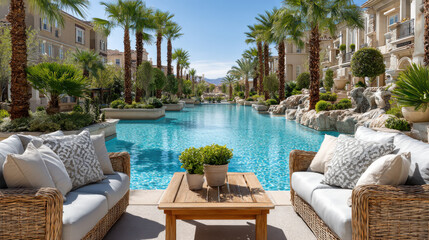 Poolside oasis with elegant outdoor furniture and tall palm trees in a tropical resort setting