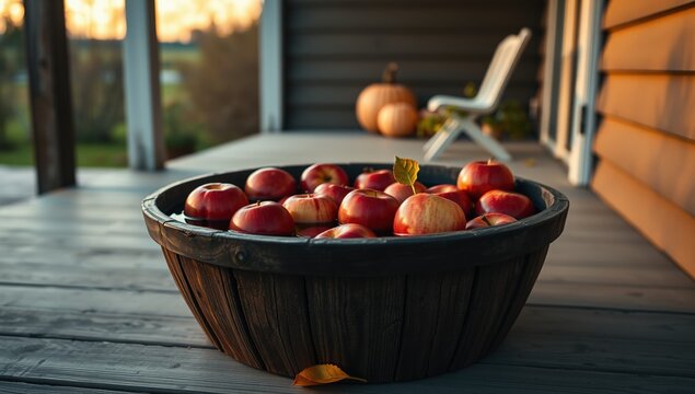 Bowl of red apples on wooden porch during autumn sunset. apple bobbing tub  