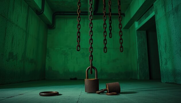 Dark room with rusty padlocks and chains on green walls . chains hanging in basement (Halloween) 