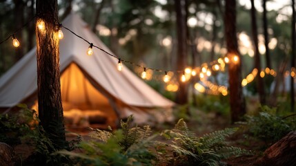 Romantic Camp Tent illuminated by string lights in the pine forest. High-resolution, realistic editorial-style composition