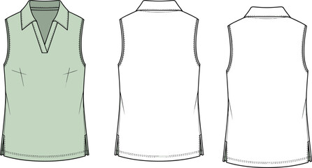 Sleeveless top CAD drawing, V-neckline with collar, bust darts, side slits, fashion flat sketch, front and back views, vector template